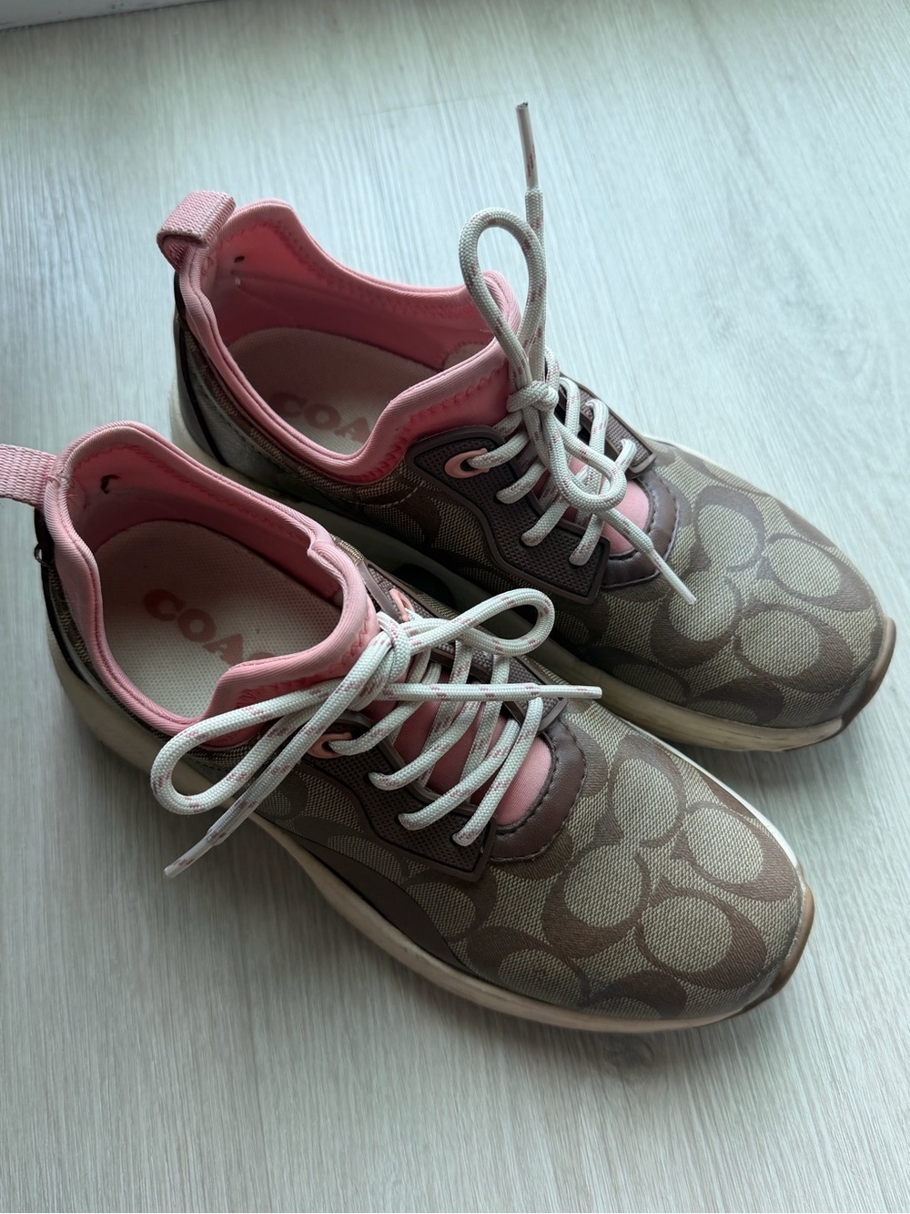 Coach Brown Signature Monogram Sneakers with Pink Trim